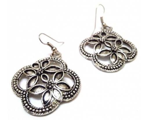 FLORAL Silver Oxidized Earring Hook Dangle Drop Long Ethnic India Novelty Tribal